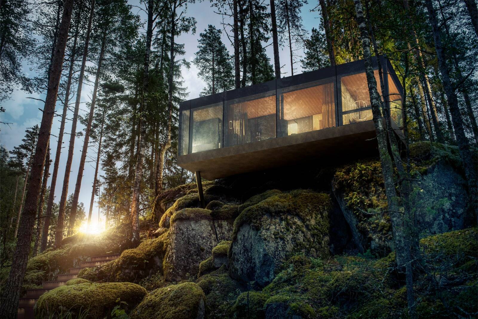 An elevated private villa on the top of a rock in Finnish Lakeland.